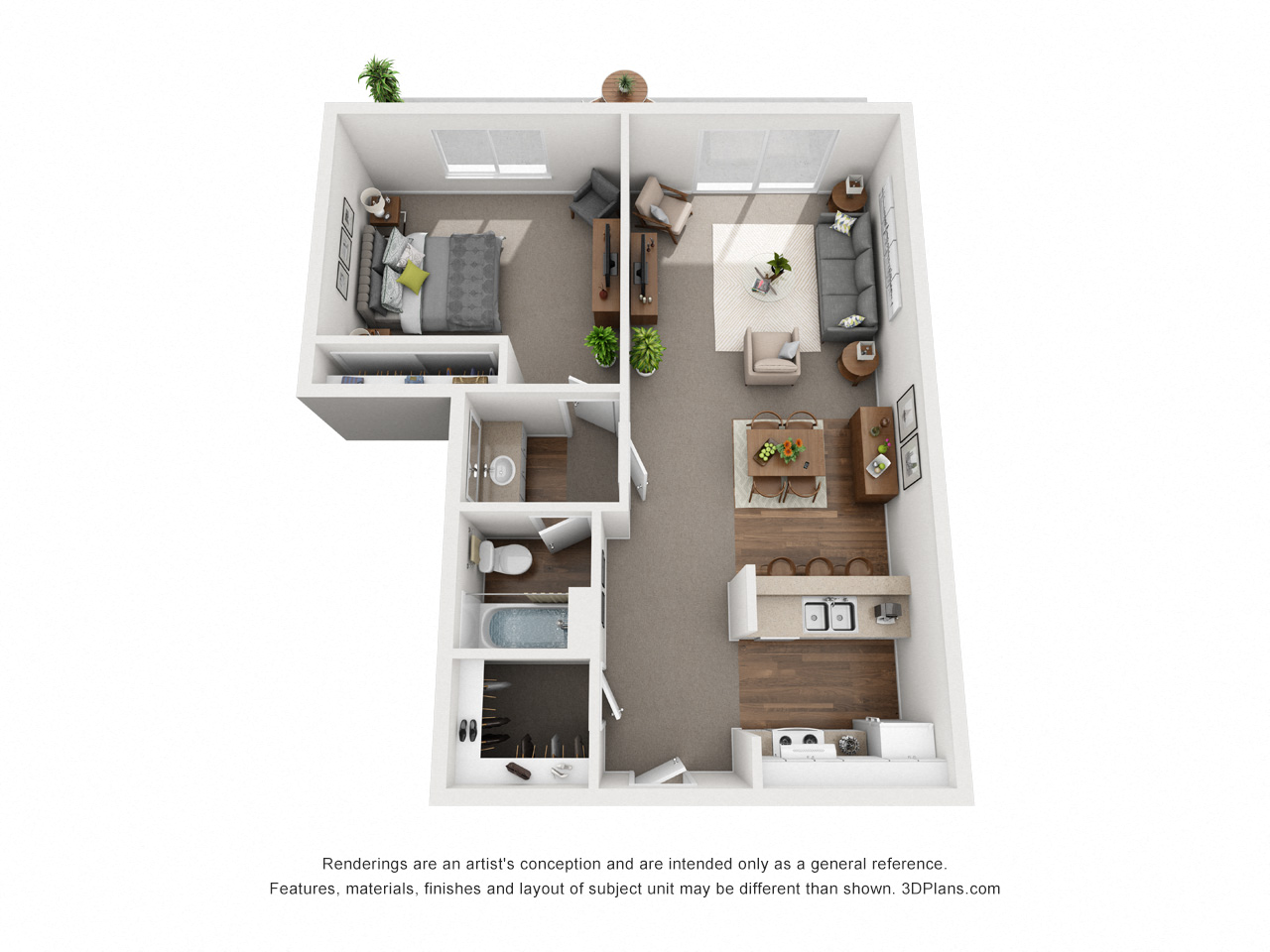 Floor plan for 1 bed, 1 bath, 667 sqft